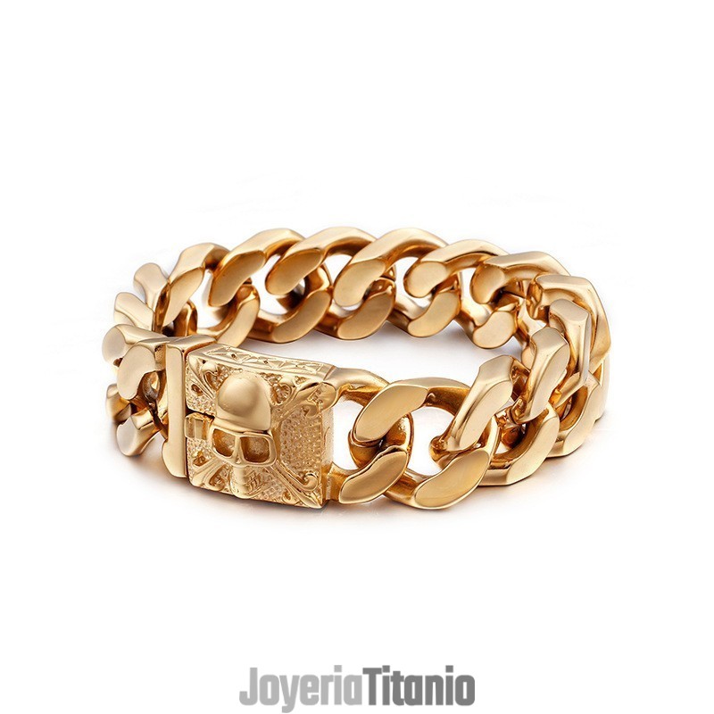 Pulsera De Cadena De Titanio Cubano Para Hombre Con Calavera De Titanio Pulsera De Cadena De Titanio Cubano Para Hombre Con Calavera De Titanio