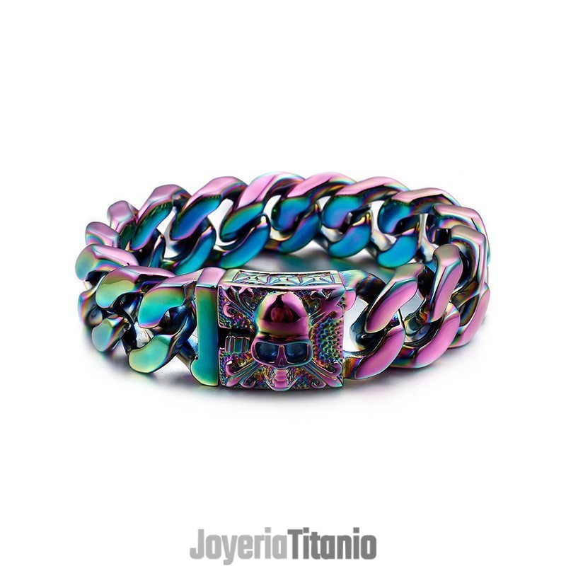 Pulsera De Cadena De Titanio Cubano Para Hombre Con Calavera De Titanio