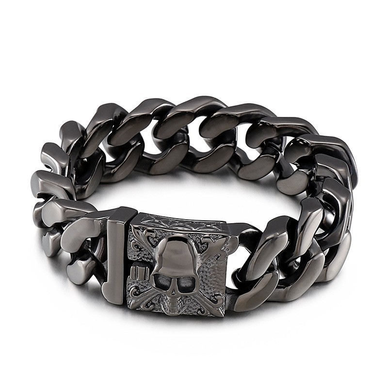 Pulsera De Cadena De Titanio Cubano Para Hombre Con Calavera De Titanio Pulsera De Cadena De Titanio Cubano Para Hombre Con Calavera De Titanio