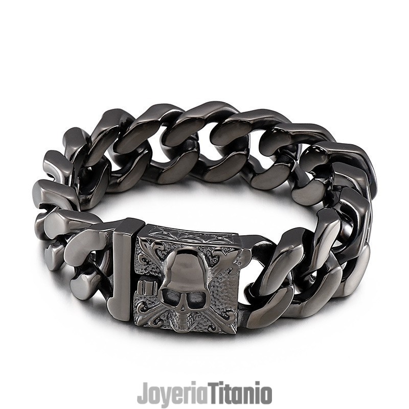 Pulsera De Cadena De Titanio Cubano Para Hombre Con Calavera De Titanio Pulsera De Cadena De Titanio Cubano Para Hombre Con Calavera De Titanio