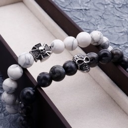 Pulsera De Cuentas Hecha A Mano Con Cuerda Elástica Y Calavera De Titanio Turquesa Blanca