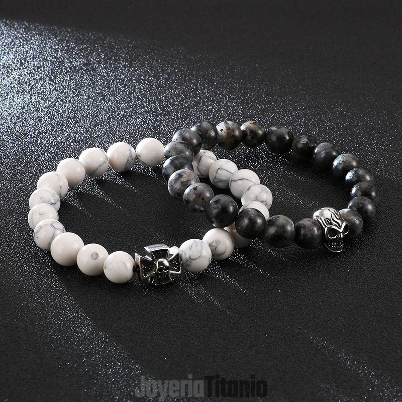Pulsera De Cuentas Hecha A Mano Con Cuerda Elástica Y Calavera De Titanio Turquesa Blanca