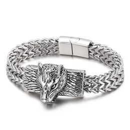 Pulsera De Titanio Para Hombre Con Cadena Tejida De Doble Hilera Y Cabeza De Lobo Estilo Hip Hop