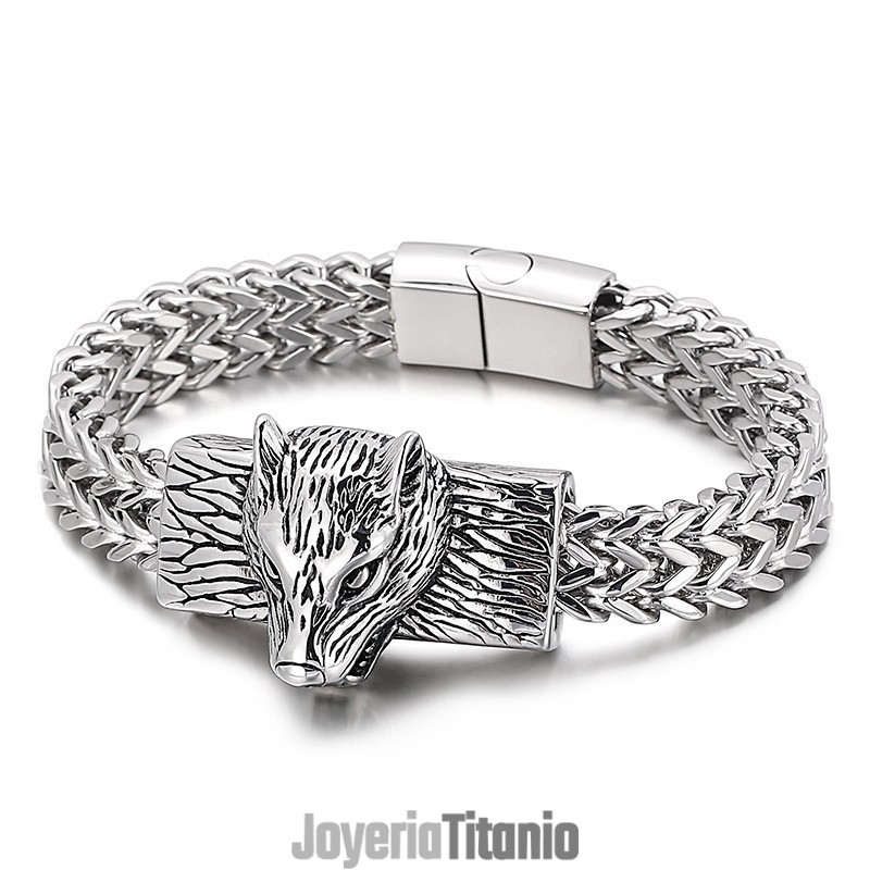 Pulsera De Titanio Para Hombre Con Cadena Tejida De Doble Hilera Y Cabeza De Lobo Estilo Hip Hop Pulsera De Titanio Para Hombre Con Cadena Tejida De Doble Hilera Y Cabeza De Lobo Estilo Hip Hop