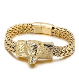 Pulsera De Titanio Para Hombre Con Cadena Tejida De Doble Hilera Con Cabeza De Lobo Estilo Hip Hop