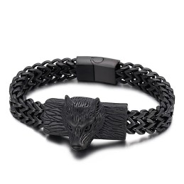 Pulsera De Titanio Para Hombre Con Cadena Tejida De Doble Hilera Con Cabeza De Lobo Estilo Hip Hop