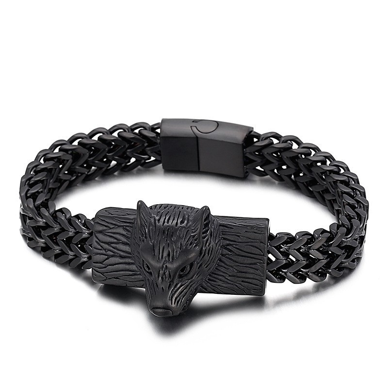 Pulsera De Titanio Para Hombre Con Cadena Tejida De Doble Hilera Con Cabeza De Lobo Estilo Hip Hop Pulsera De Titanio Para Hombre Con Cadena Tejida De Doble Hilera Con Cabeza De Lobo Estilo Hip Hop