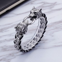 Pulsera De Titanio Con Doble Cierre De Anillo De Cabeza De Lobo Para Hombre