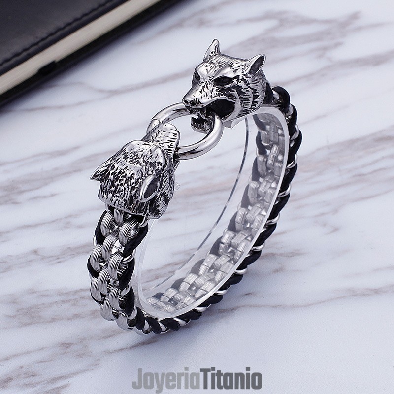 Pulsera De Titanio Con Doble Cierre De Anillo De Cabeza De Lobo Para Hombre Pulsera De Titanio Con Doble Cierre De Anillo De Cabeza De Lobo Para Hombre