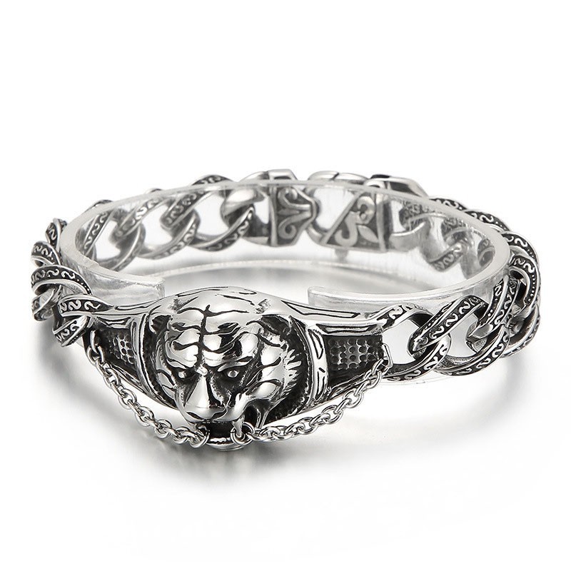 Pulsera De Titanio Vintage Con Diseño Exagerado De Cabeza De Tigre Curvada Para Hombre