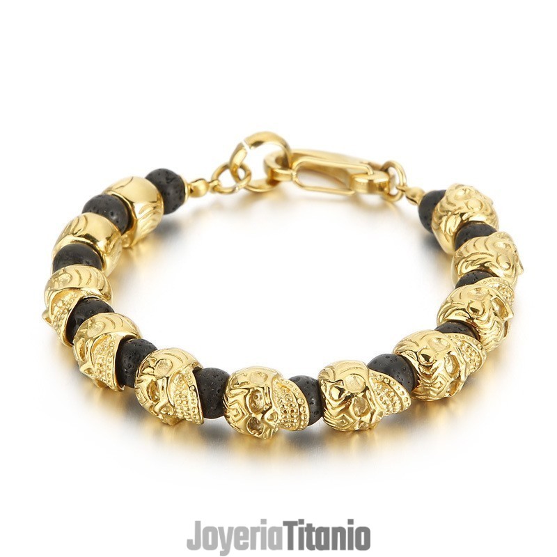Pulsera De Calavera De Titanio Para Hombre Con Piedra Volcánica De Ojo De Tigre Pulsera De Calavera De Titanio Para Hombre Con Piedra Volcánica De Ojo De Tigre