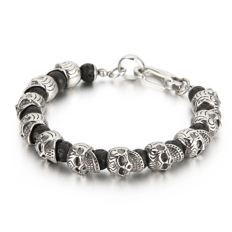 Pulsera De Calavera De Titanio Con Ojo De Tigre Y Piedra Volcánica Para Hombre Pulsera De Calavera De Titanio Con Ojo De Tigre Y Piedra Volcánica Para Hombre