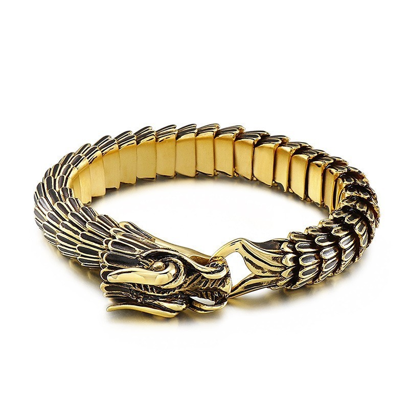 Pulsera De Titanio Con Diseño De Dragón Dorado Y Baño De Hip Hop Para Hombre