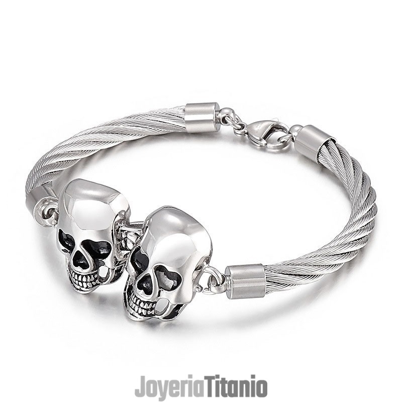 Pulsera De Titanio Con Doble Calavera De Acero Para Hombre Pulsera De Titanio Con Doble Calavera De Acero Para Hombre