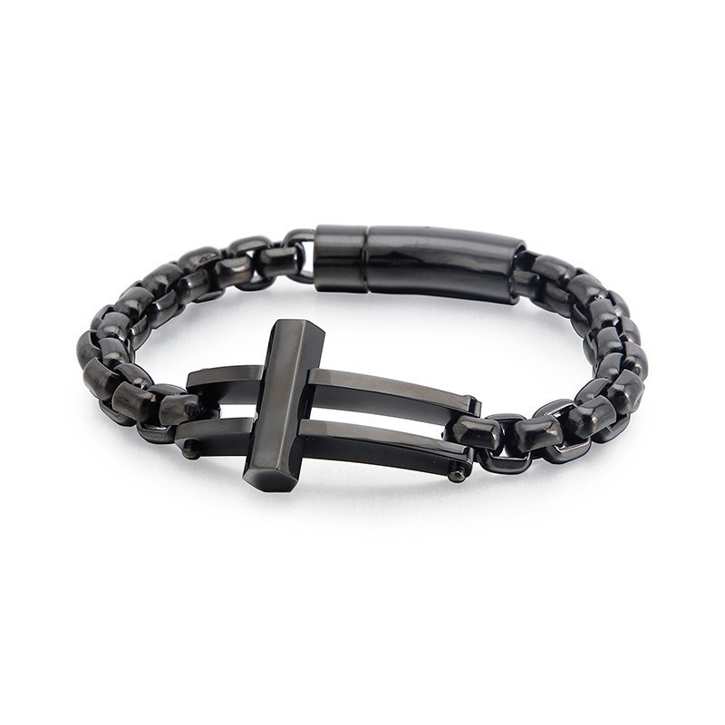 Pulsera De Cadena De Titanio Negra Con Crucifijo Cuadrado