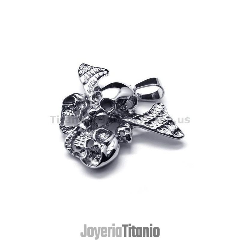 Colgante De Titanio Puro Con Diseño De Tres Calaveras Y Alas - Cadena Gratis Colgante De Titanio Puro Con Diseño De Tres Calaveras Y Alas - Cadena Gratis