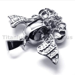Colgante De Titanio Puro Con Diseño De Tres Calaveras Y Alas - Cadena Gratis