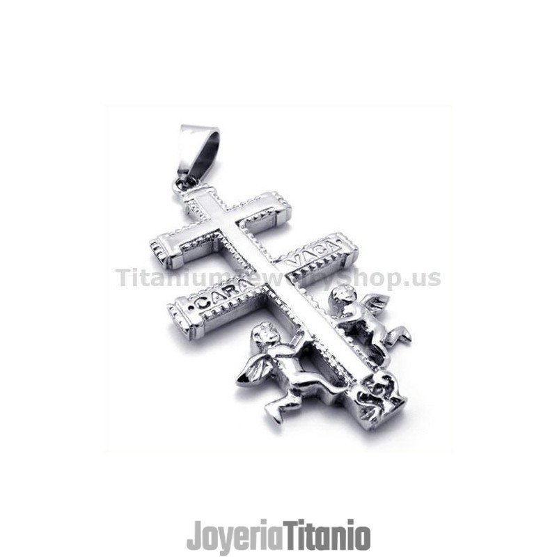 Colgante De Titanio Con La Cruz De Caravaca De Dos Ángeles - Cadena Gratis Colgante De Titanio Con La Cruz De Caravaca De Dos Ángeles - Cadena Gratis