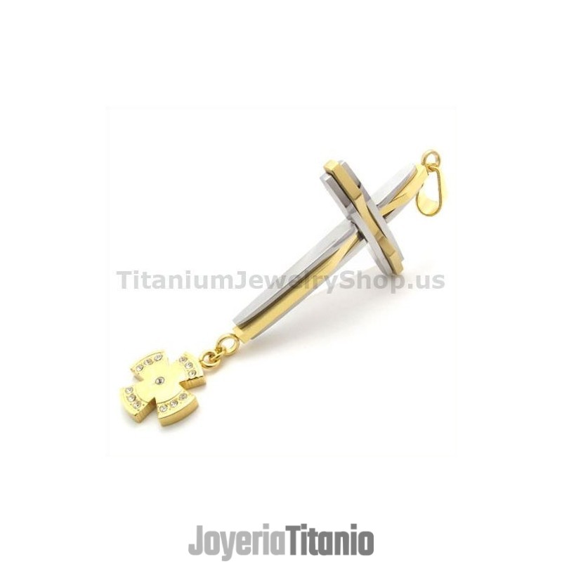 Colgante De Cruz De Titanio Dorado Con Diamantes - Cadena Gratis Colgante De Cruz De Titanio Dorado Con Diamantes - Cadena Gratis