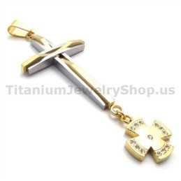 Colgante De Cruz De Titanio Dorado Con Diamantes - Cadena Gratis