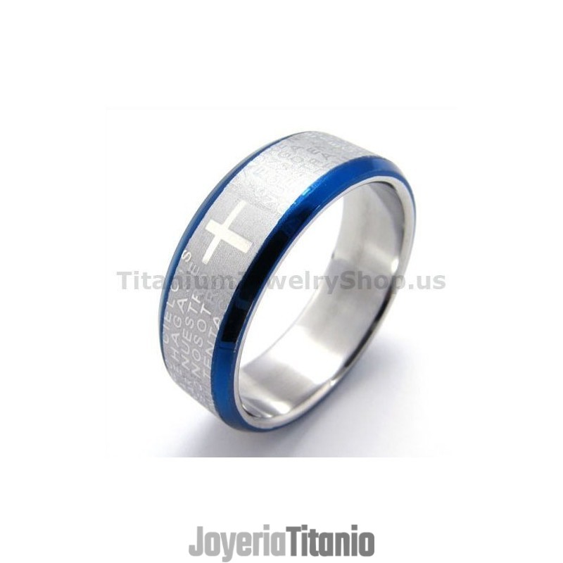 Anillo De Titanio Con Cruz (Azul)