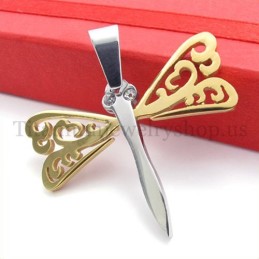 Colgante De Cruz De Titanio Con Libélula Y Alas Doradas
