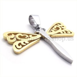 Colgante De Cruz De Titanio Con Libélula Y Alas Doradas
