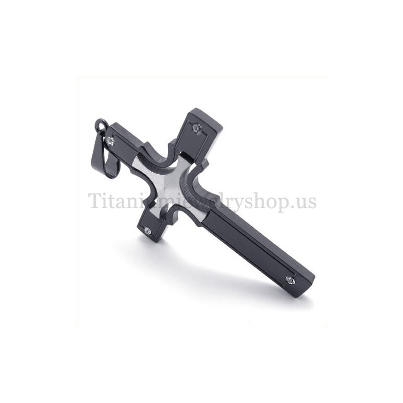 Colgante De Cruz De Titanio Negro Con Cruz Pequeña De Plata Incrustada Colgante De Cruz De Titanio Negro Con Cruz Pequeña De Plata Incrustada