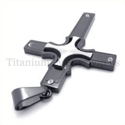 Colgante De Cruz De Titanio Negro Con Cruz Pequeña De Plata Incrustada