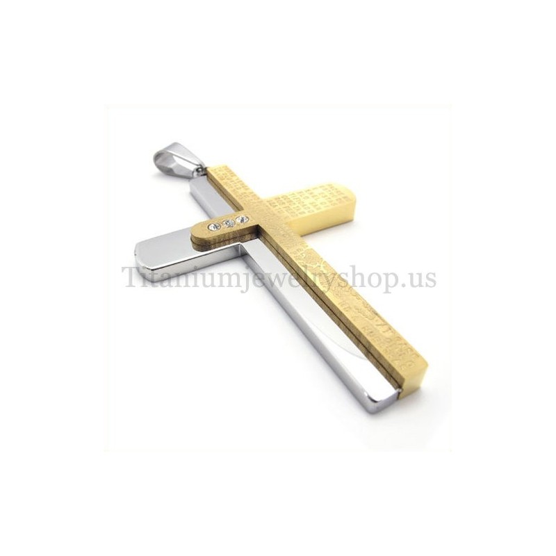 Colgante De Cruz De Titanio Dorado Con Biblia Tallada De Dos Capas
