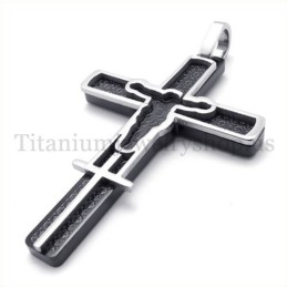 Colgante De Cruz De Titanio Con Diseño De Jesús Tallado En Negro