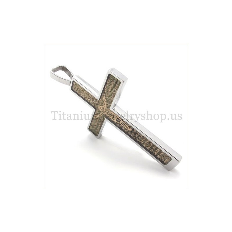 Colgante De Cruz De Titanio Con Diseño De Jesús Tallado En Oro Y La Biblia