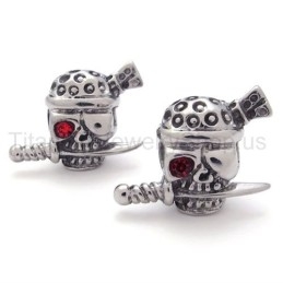 Pendientes De Titanio Con Espada Y Calavera Con Un Ojo Rojo