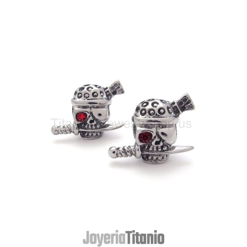 Pendientes De Titanio Con Espada Y Calavera Con Un Ojo Rojo