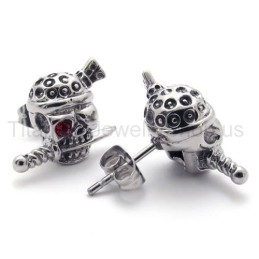 Pendientes De Titanio Con Espada Y Calavera Con Un Ojo Rojo