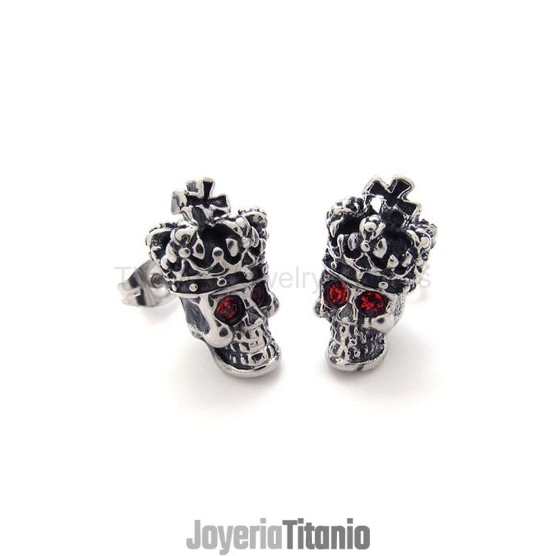 Pendientes De Titanio Con Calavera Y Corona De Ojos Rojos Pendientes De Titanio Con Calavera Y Corona De Ojos Rojos
