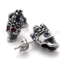Pendientes De Titanio Con Calavera Y Corona De Ojos Rojos