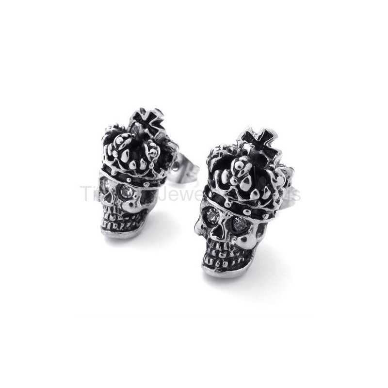 Pendientes De Titanio Con Calavera Y Corona De Ojos Blancos