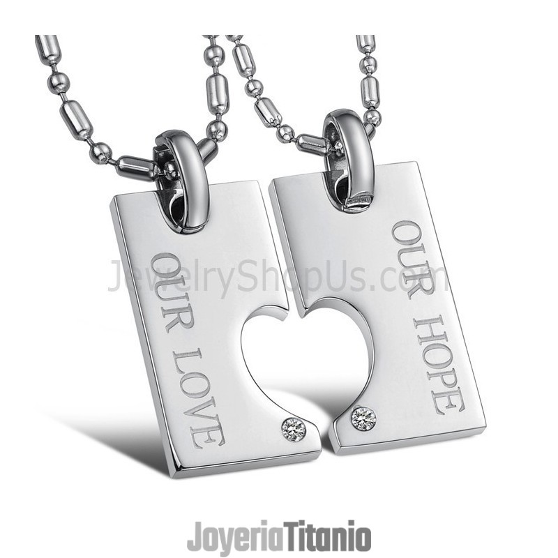 Colgantes De Corazón "Nuestra Esperanza Y Nuestro Amor" En Plata De Titanio Con Diamantes De Imitación Y Cadena C602 Colgantes De Corazón "Nuestra Esperanza Y Nuestro Amor" En Plata De Titanio Con Diamantes De Imitación Y Cadena C602
