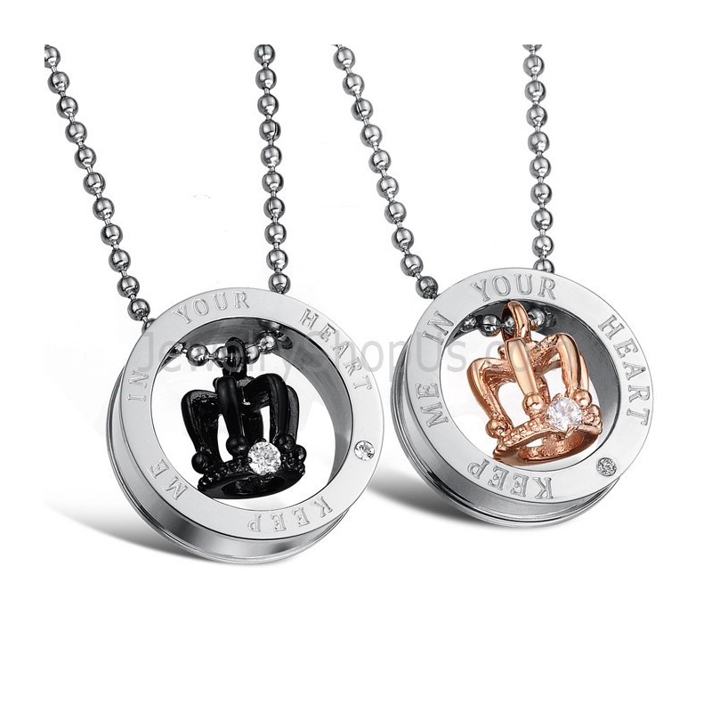 Colgantes De Titanio Con Coronas Reales De Oro Rosa Y Negro "Guarda Mi Corazón" Para Enamorados, Con Diamantes De Imitación Y Ca