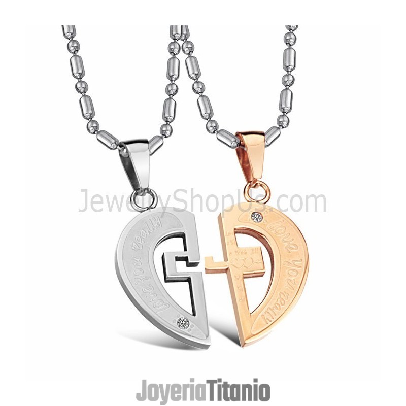 Colgantes De Corazón De Titanio, Oro Rosa Y Plata, Con Diamantes De Imitación Y Cadena C641