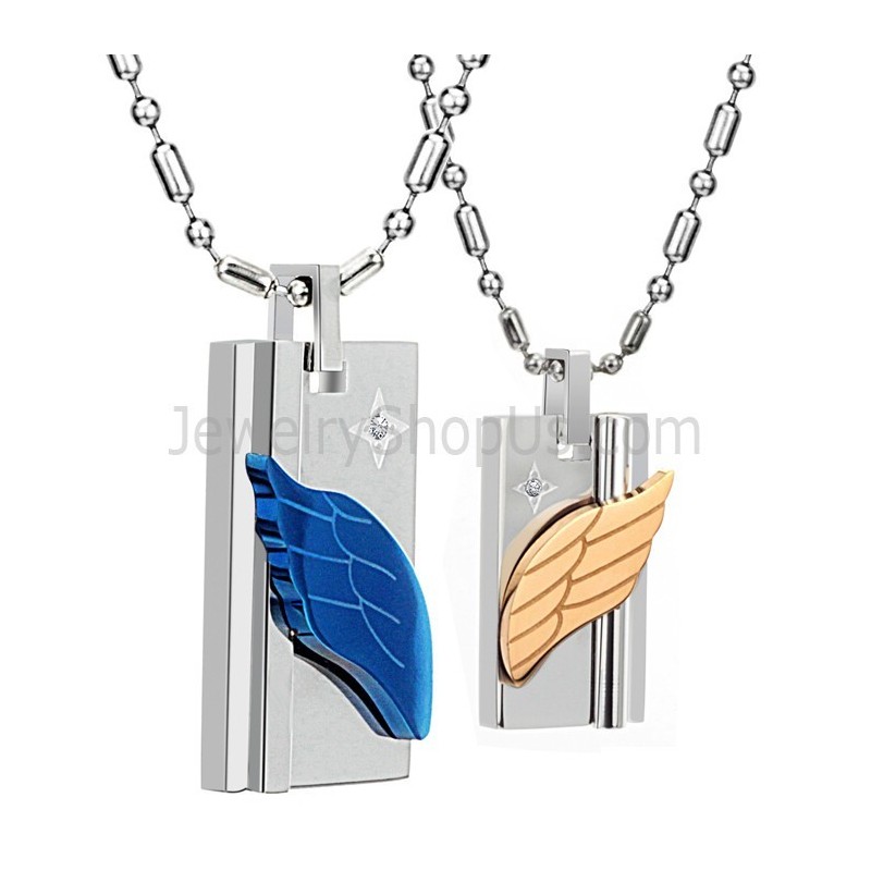 Colgantes De Extremidades De Ángel En Titanio Azul Y Oro Rosa Con Diamantes De Imitación Y Cadenas C387 Colgantes De Extremidades De Ángel En Titanio Azul Y Oro Rosa Con Diamantes De Imitación Y Cadenas C387