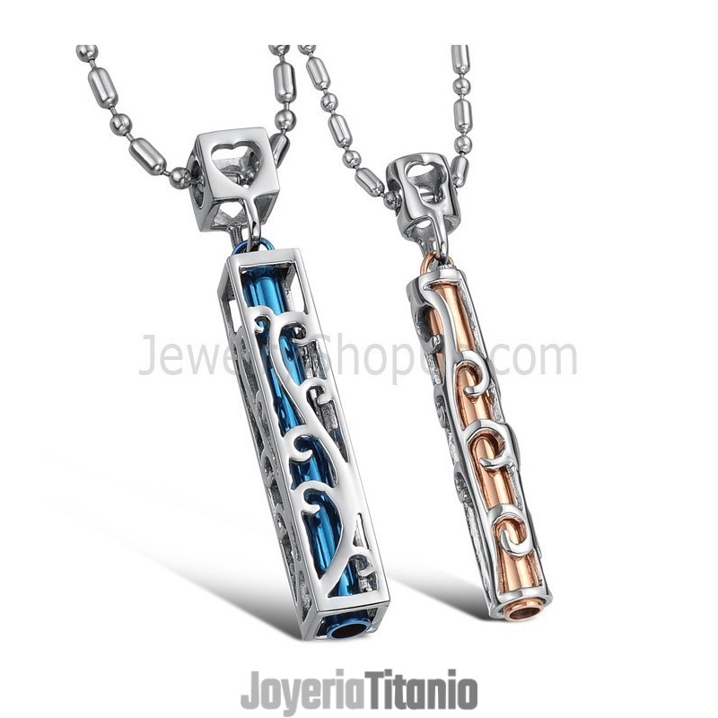 Colgantes De Titanio Azul Y Oro Rosa Con Forma De Corazón Y Cadena C609