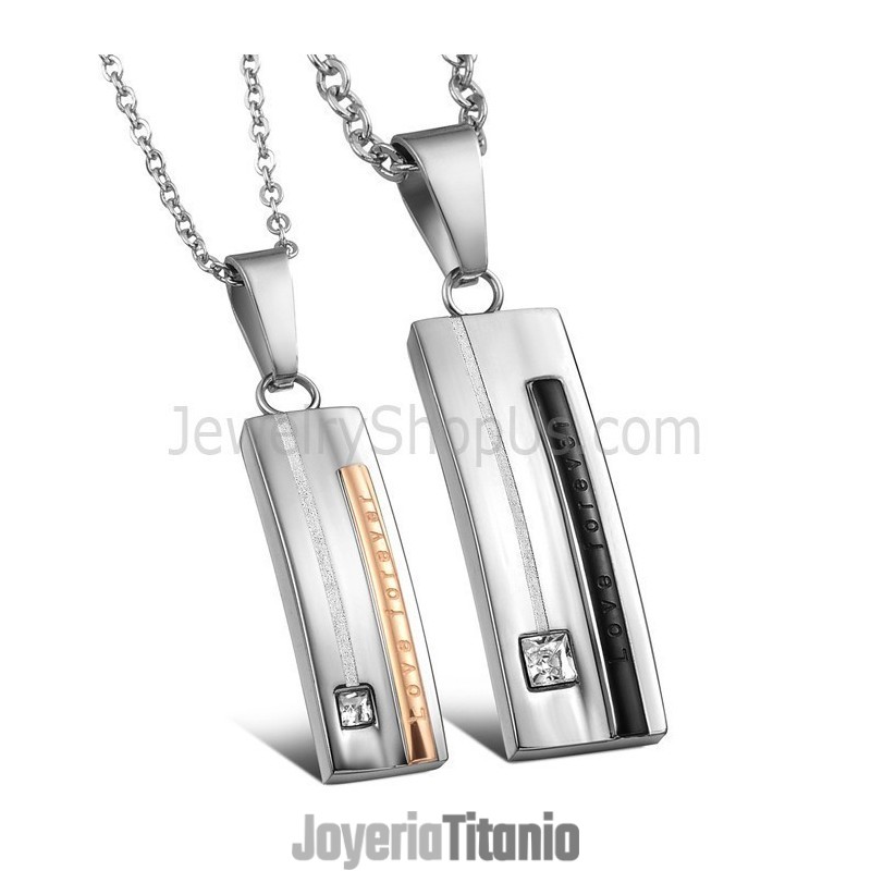 Colgantes Rectangulares De Titanio En Oro Negro Y Rosa "Love Forever" Con Diamantes De Imitación Y Cadena C567