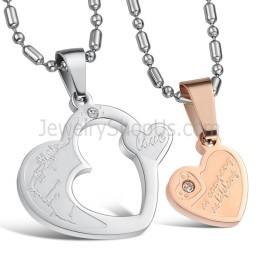 Colgantes De Corazón De Titanio, Oro Rosa Y Plata, Con Diamantes De Imitación Y Cadena C600