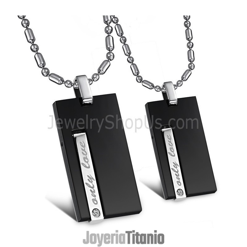 Colgantes Rectangulares De Titanio Negro "Only Love" Para Enamorados Con Diamantes De Imitación Y Cadena Gratis (220 G)