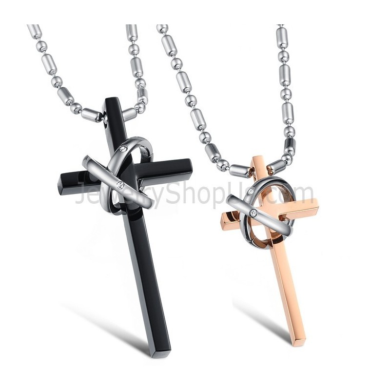 Colgantes De Titanio Con Cruz De Oro Rosa Y Negro, Con Diamantes De Imitación Y Cadena C724