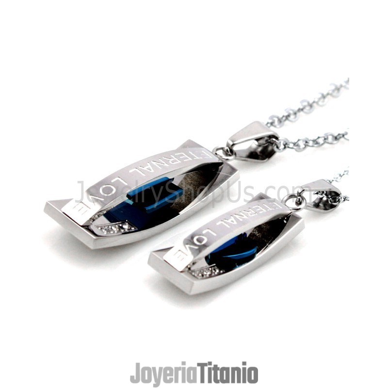 Colgantes De Titanio Azul "Amor Eterno" Para Amantes Con Diamantes De Imitación Y Cadenas C478