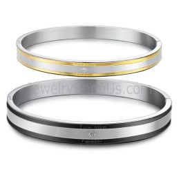 Brazaletes De Pareja "Amor Verdadero Para Siempre" En Tatanium Negro Y Dorado Con Pedrería C875