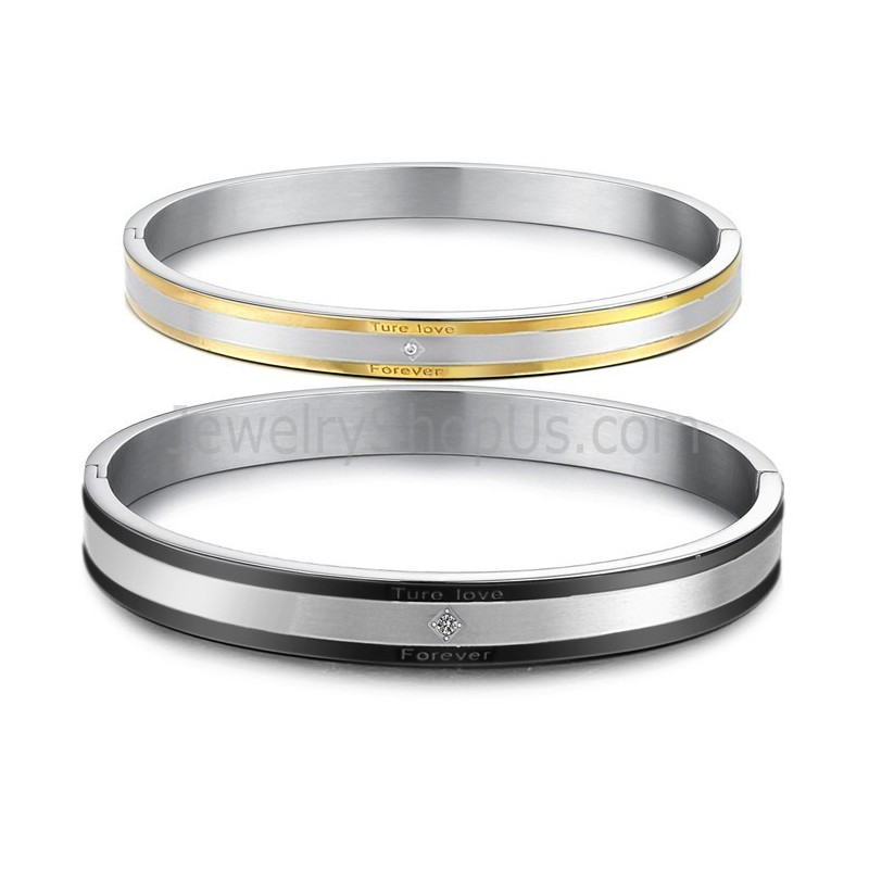 Brazaletes De Pareja "Amor Verdadero Para Siempre" En Tatanium Negro Y Dorado Con Pedrería C875